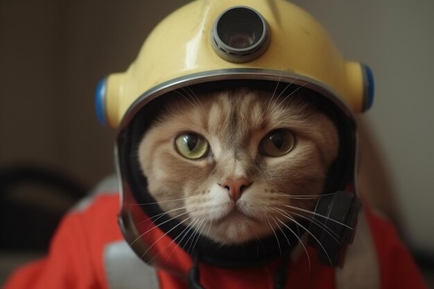 Un gatto che indossa un casco giallo e un casco giallo.