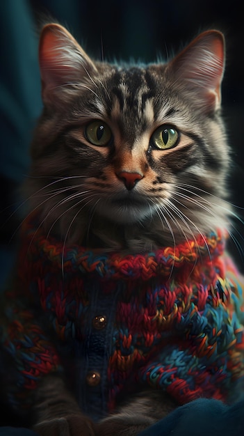 Un gatto che indossa un maglione con sopra la scritta "gatto".