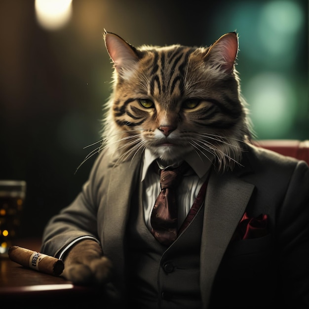 Un gatto che indossa un vestito da uomo d'affari