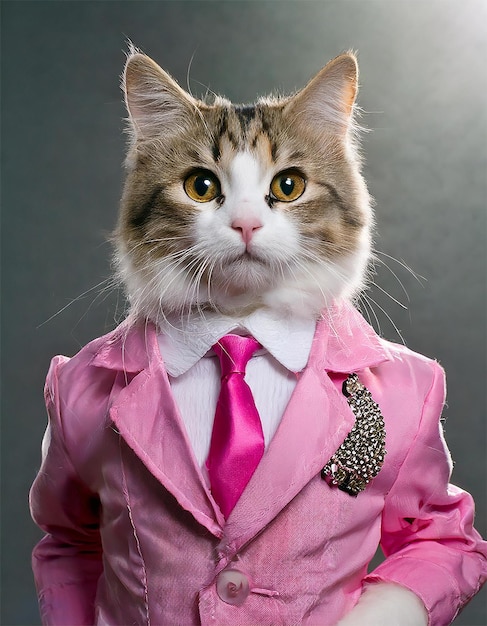 Un gatto che indossa un vestito rosa e una cravatta rosa