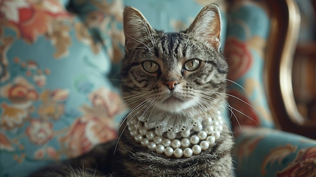 Un gatto che indossa una collana di perle è seduto su una poltrona blu il gatto sta guardando la telecamera