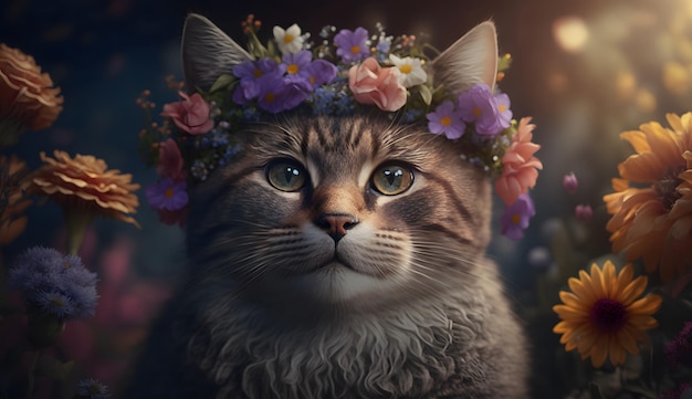 Un gatto che indossa una corona di fiori