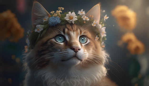 Un gatto che indossa una corona di fiori