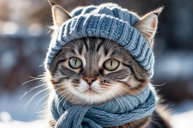 un gatto che indossa una sciarpa blu che dice che il gatto indossa