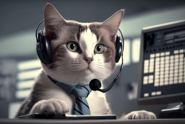 Un gatto che lavora al computer con indosso una tuta e auricolari generativi ai