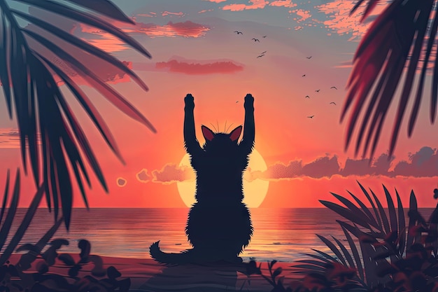 Un gatto che pratica lo yoga sulla spiaggia al tramonto