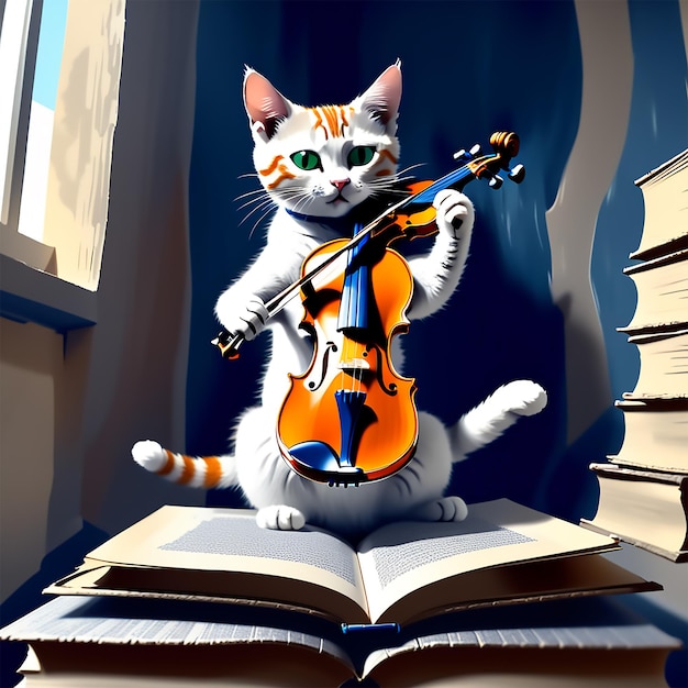 un gatto che suona il violino sopra un libro volante in stile Pablo Picasso 4k uhd ultra 32k fine