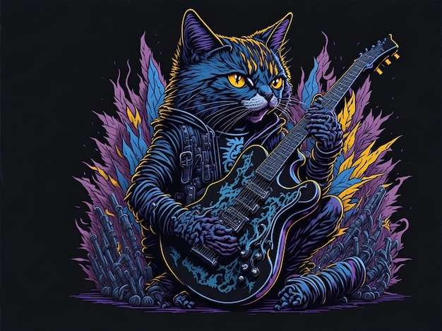 Un gatto che suona una chitarra con uno sfondo viola.