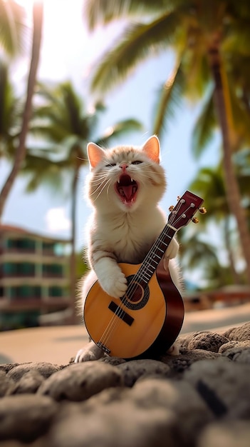 Un gatto che suona una chitarra su una spiaggia