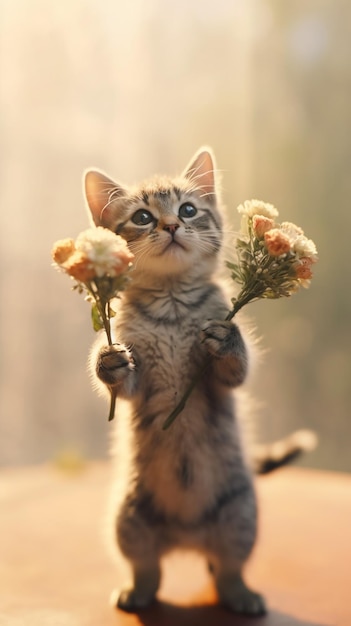 Un gatto che tiene dei fiori sulle zampe posteriori