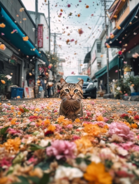 Un gatto circondato da fiori su una strada