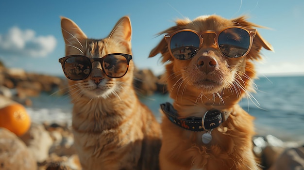 Un gatto color falco e un cane che indossano occhiali da sole e giacche stanno insieme