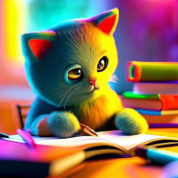Un gatto colorato 3D che studia molto attentamente