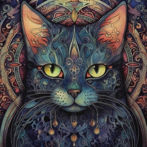 Un gatto colorato con un disegno di occhi e una faccia.