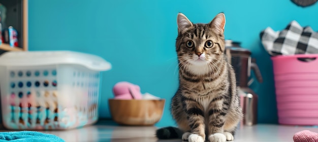 Un gatto comodamente seduto su un tavolo in una stanza