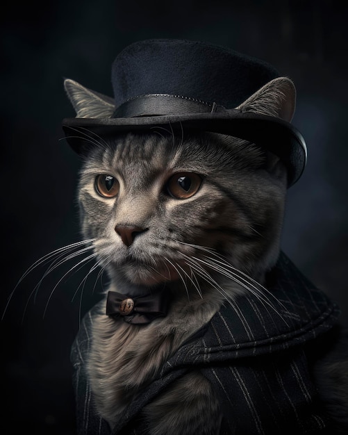Un gatto con cappello, giacca e cravatta