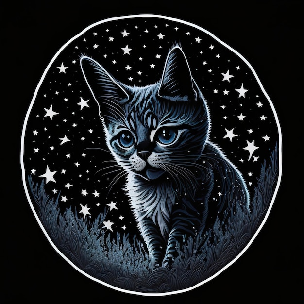 Un gatto con gli occhi azzurri è in un cerchio con sopra delle stelle.