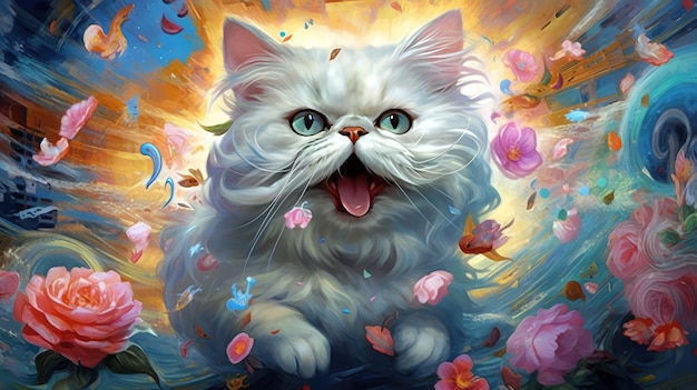 Un gatto con gli occhi azzurri è su uno sfondo colorato.