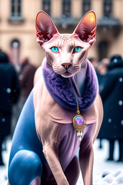 Un gatto con gli occhi azzurri e un ciondolo d'oro
