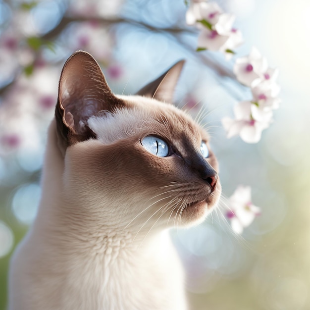 Un gatto con gli occhi azzurri e uno sfondo bianco con uno sfondo sfocato.