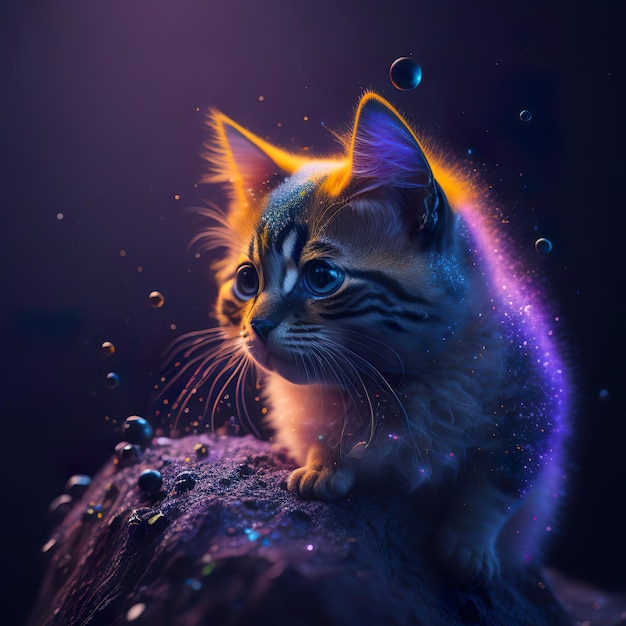 Un gatto con gli occhi azzurri e uno sfondo viola con una bolla al centro.