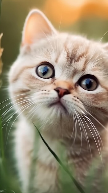 Un gatto con gli occhi azzurri guarda la telecamera.