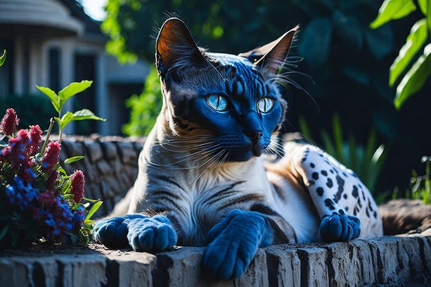 un gatto con gli occhi azzurri sdraiato su un patio