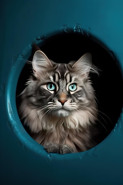 Un gatto con gli occhi azzurri sta guardando fuori da un buco in un cerchio blu.