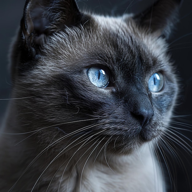 un gatto con gli occhi blu e uno sfondo nero