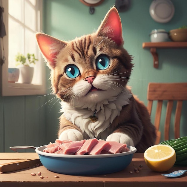 Un gatto con gli occhi blu si siede a un tavolo con cibo e verdure