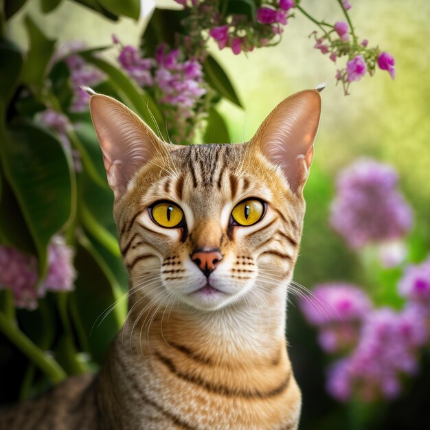 Un gatto con gli occhi gialli è in piedi davanti a dei fiori.