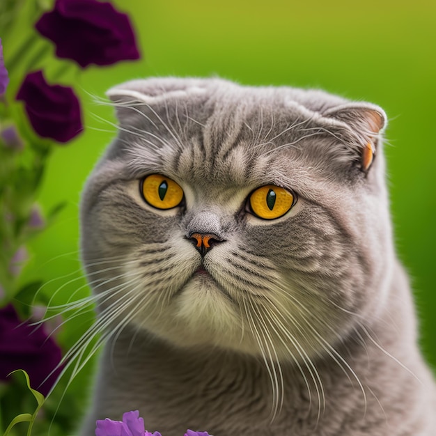 Un gatto con gli occhi gialli e un'etichetta sull'orecchio è davanti a dei fiori viola.