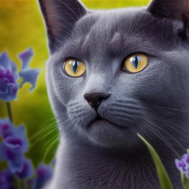 Un gatto con gli occhi gialli e un fiore blu sullo sfondo.