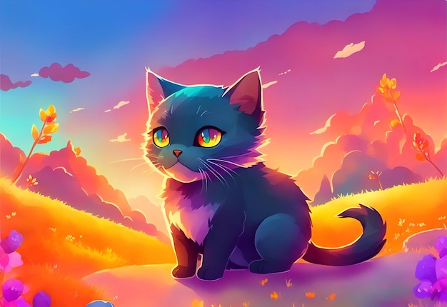 Un gatto con gli occhi gialli siede in un campo di alberi e il cielo è arancione e viola.