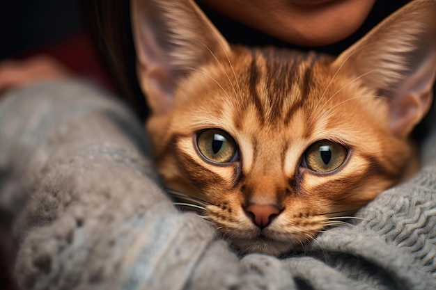 Un gatto con gli occhi verdi che guarda in alto con una donna sullo sfondo.