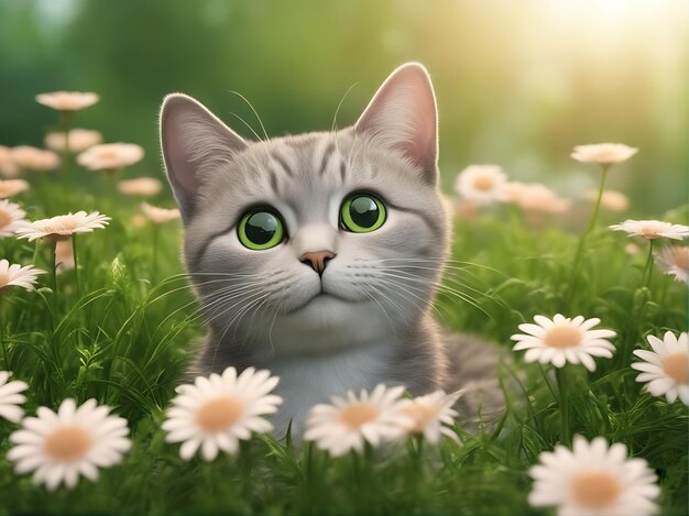 un gatto con gli occhi verdi si siede sull'erba con le margherite sullo sfondo.