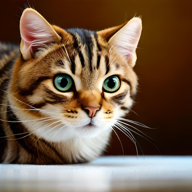 Un gatto con gli occhi verdi sta guardando la telecamera.