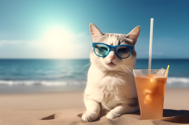 Un gatto con gli occhiali blu siede su una spiaggia accanto a una tazza di succo d'arancia.