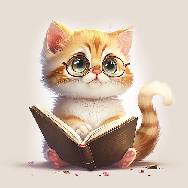 Un gatto con gli occhiali che legge un libro con sopra scritto gatto