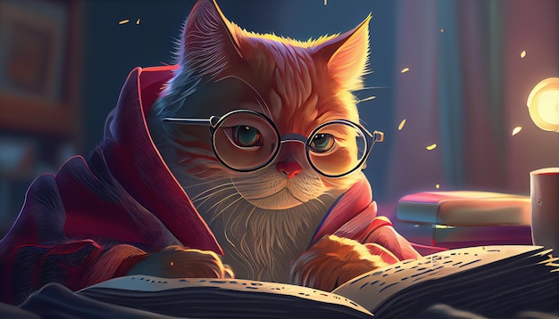 Un gatto con gli occhiali che legge un libro.