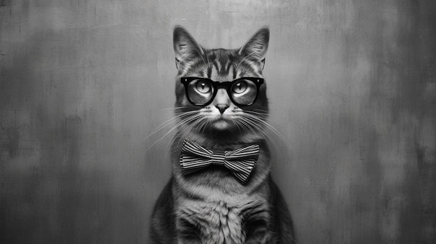 Un gatto con gli occhiali con bordi neri e un arco nero