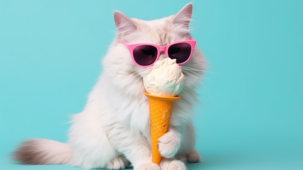 Un gatto con gli occhiali da sole che lecca il gelato.