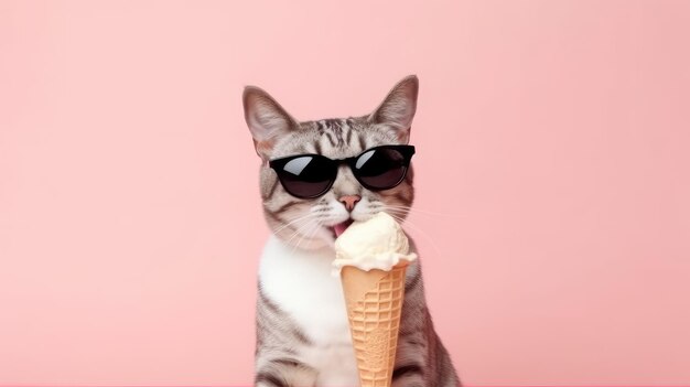 Un gatto con gli occhiali da sole che lecca il gelato.
