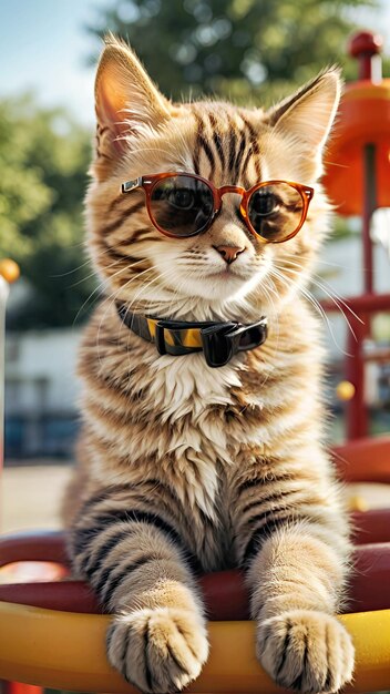 Un gatto con gli occhiali da sole seduto sopra un parco giochi