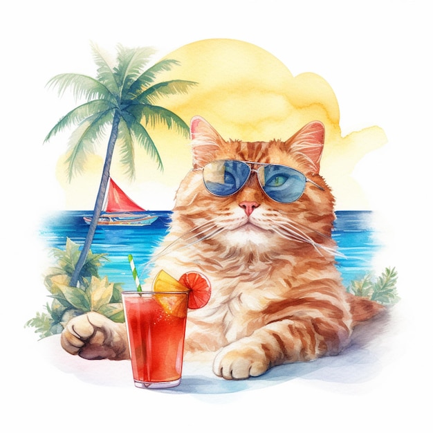 Un gatto con gli occhiali da sole siede su una spiaggia con un cocktail davanti a sé.