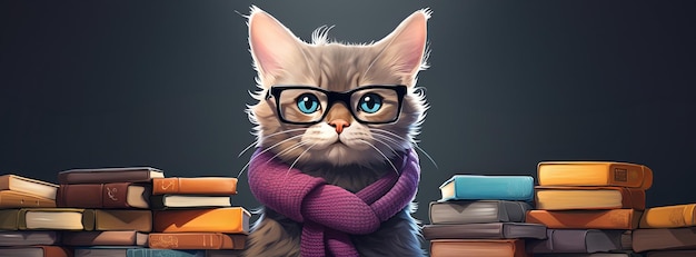 Un gatto con gli occhiali di un bibliotecario per ordinare i libri