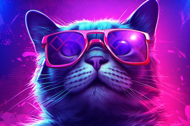 Un gatto con gli occhiali e un'insegna al neon rosa