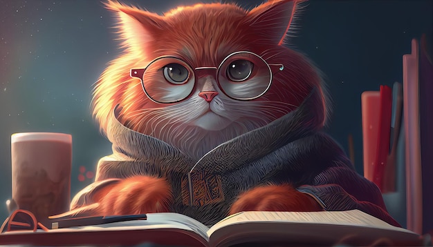 Un gatto con gli occhiali e un libro