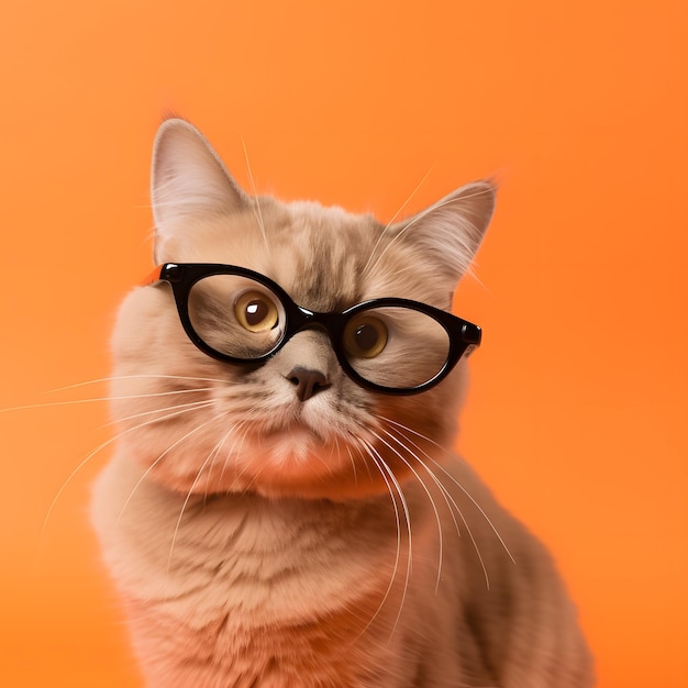 Un gatto con gli occhiali e uno sfondo arancione.