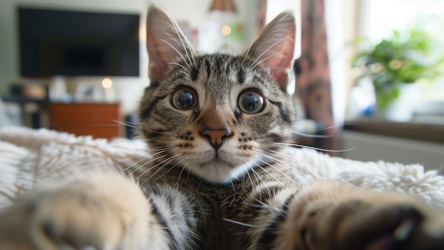 un gatto con grandi occhi blu sta guardando la telecamera